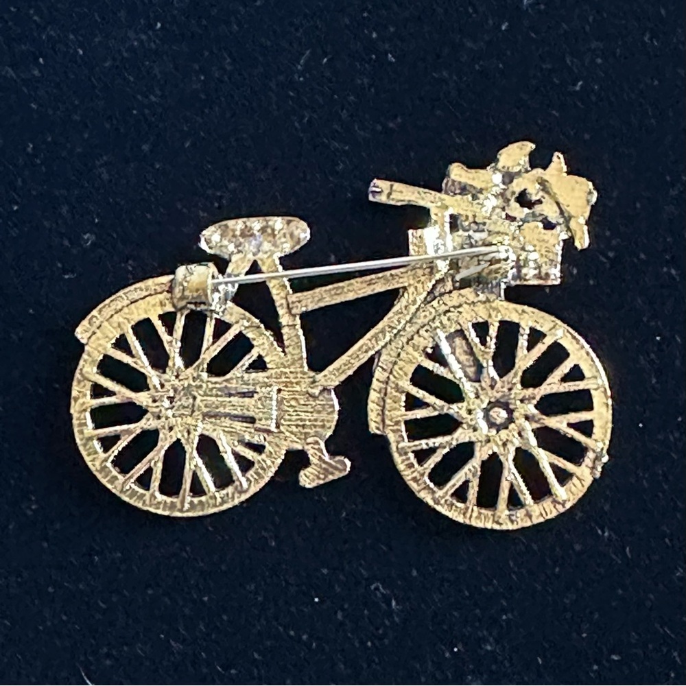 Vintage Style Rhinestone Bicycle Brooch Crystal Flower Basket Pin Gold Tone - Picture 4 of 4
